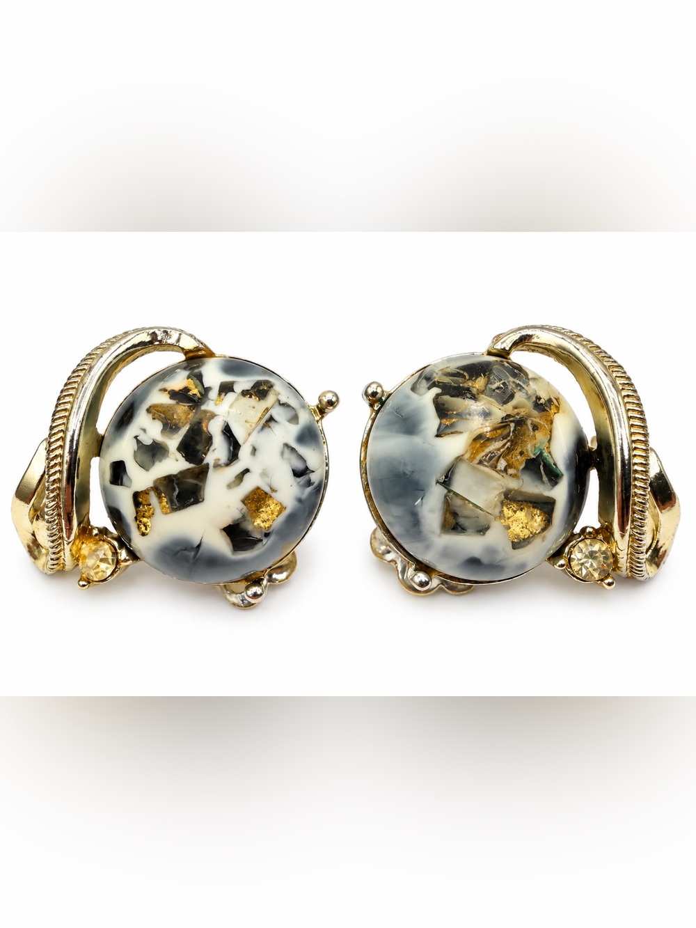 Vintage 1950s CORO Confetti Lucite Clip On Earrings Black White Gold Flake MCM S